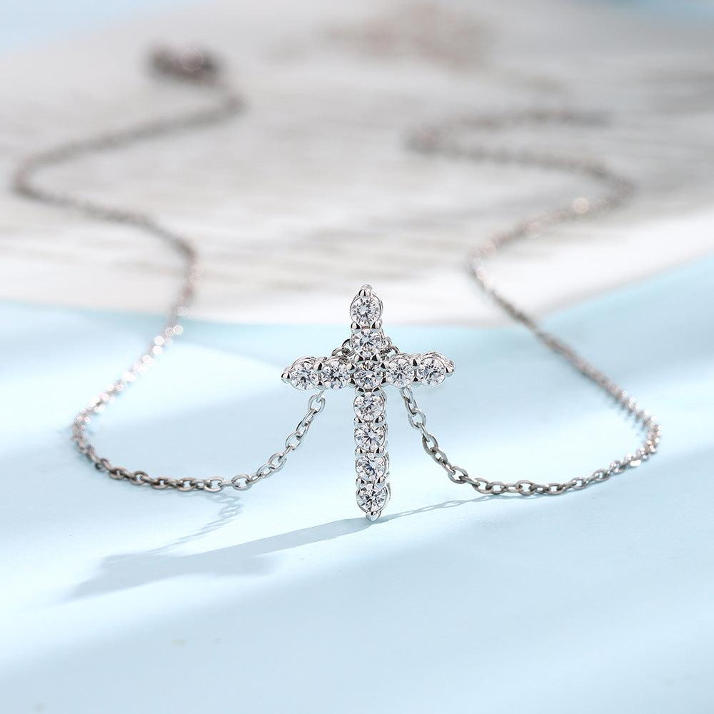 AZURE LEAF Full-Pavé Cross Necklace